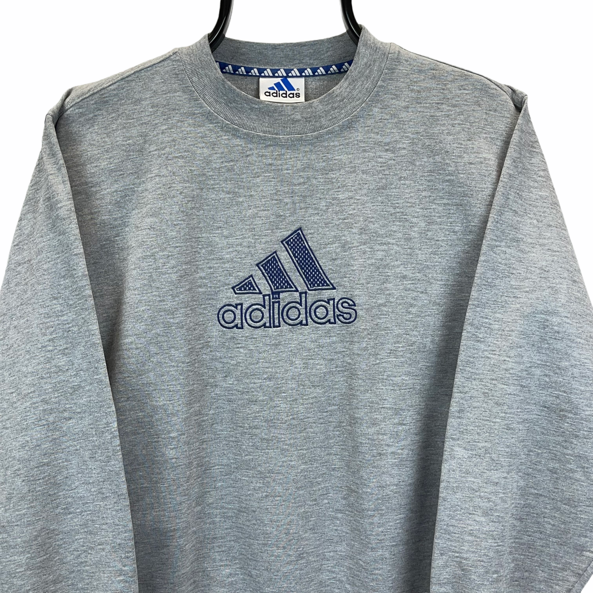 VINTAGE 90S ADIDAS SPELLOUT SWEATSHIRT IN GREY- MEN'S SMALL/WOMEN'S MEDIUM