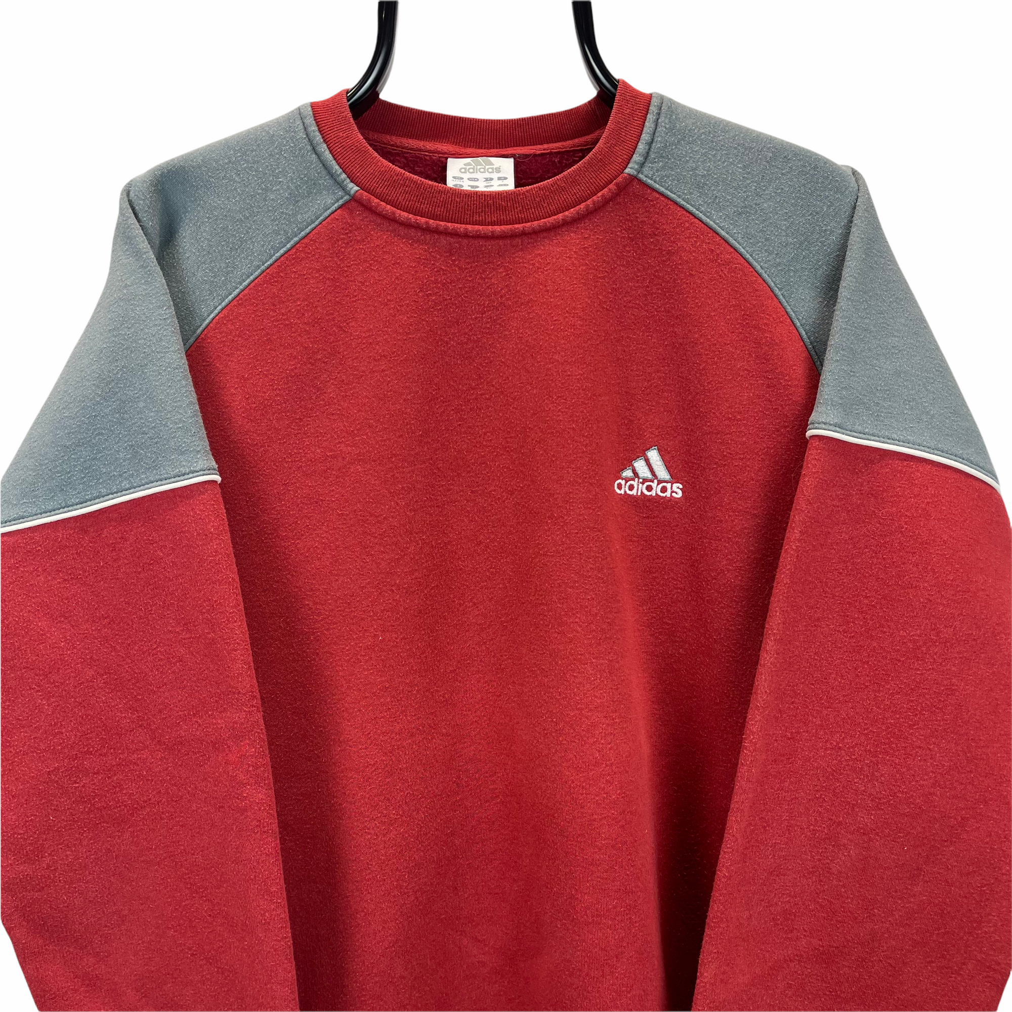 VINTAGE ADIDAS EMBROIDERED SMALL LOGO SWEATSHIRT IN DEEP RED & GREY - MEN'S LARGE/WOMEN'S XL