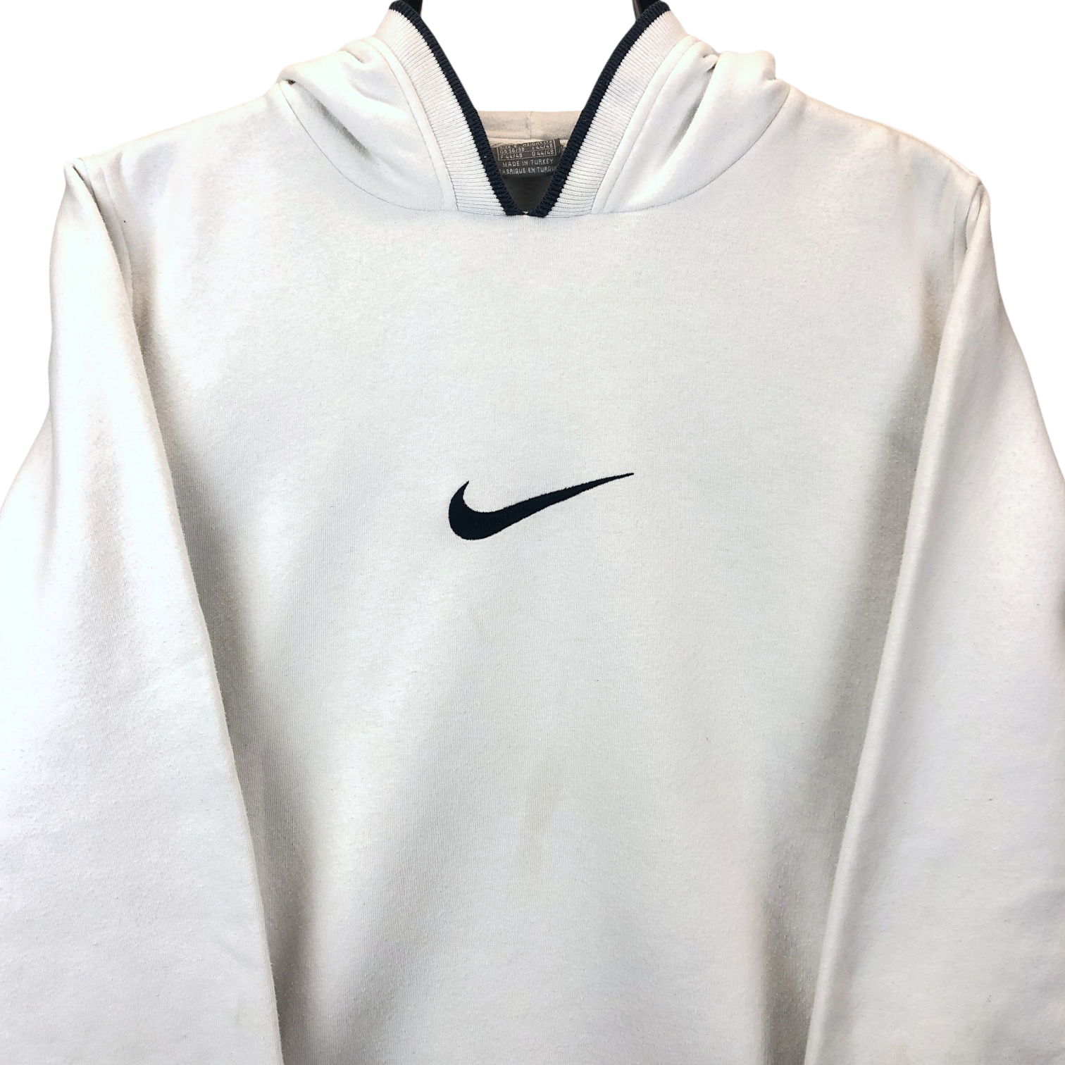 VINTAGE NIKE EMBROIDERED CENTRE SWOOSH HOODIE IN WHITE AND NAVY - MEN'S XS/WOMEN'S SMALL