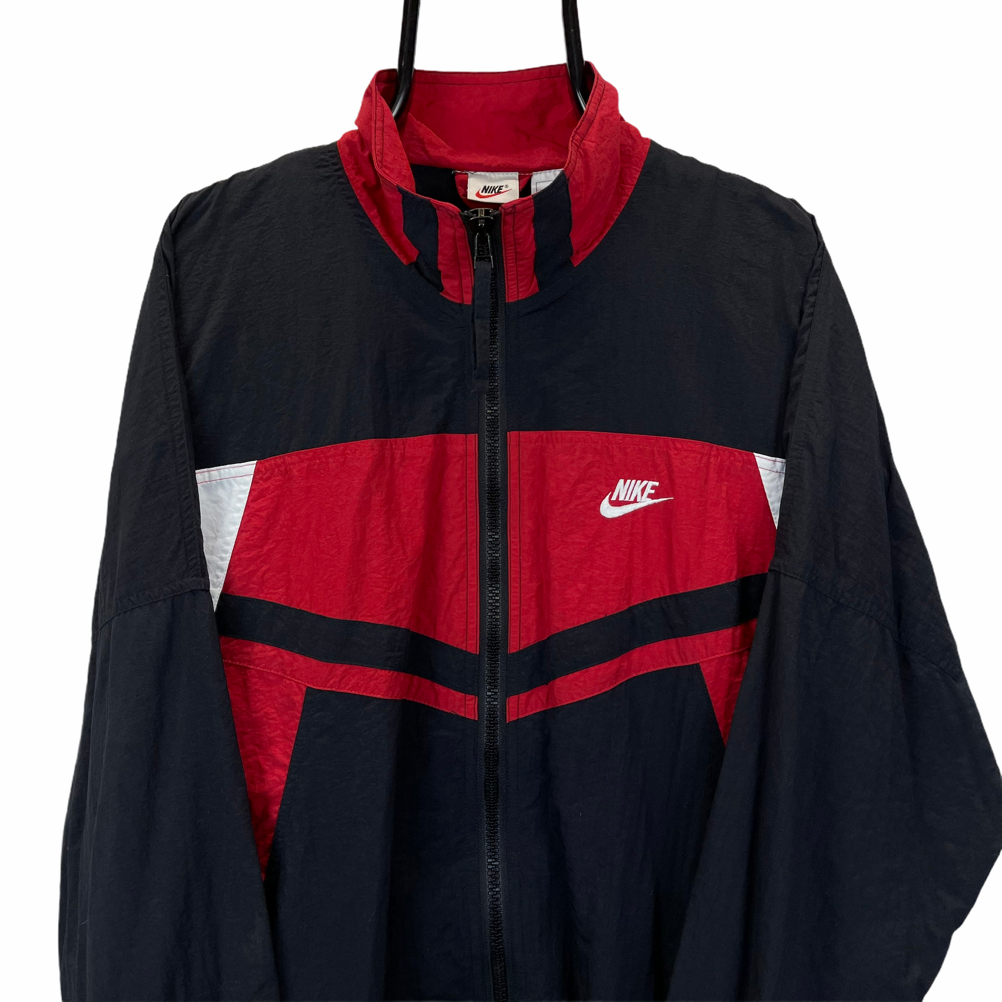 VINTAGE 90S NIKE EMBROIDERED BIG SWOOSH TRACK JACKET IN BLACK, RED & WHITE - MEN'S XL/WOMEN'S XXL