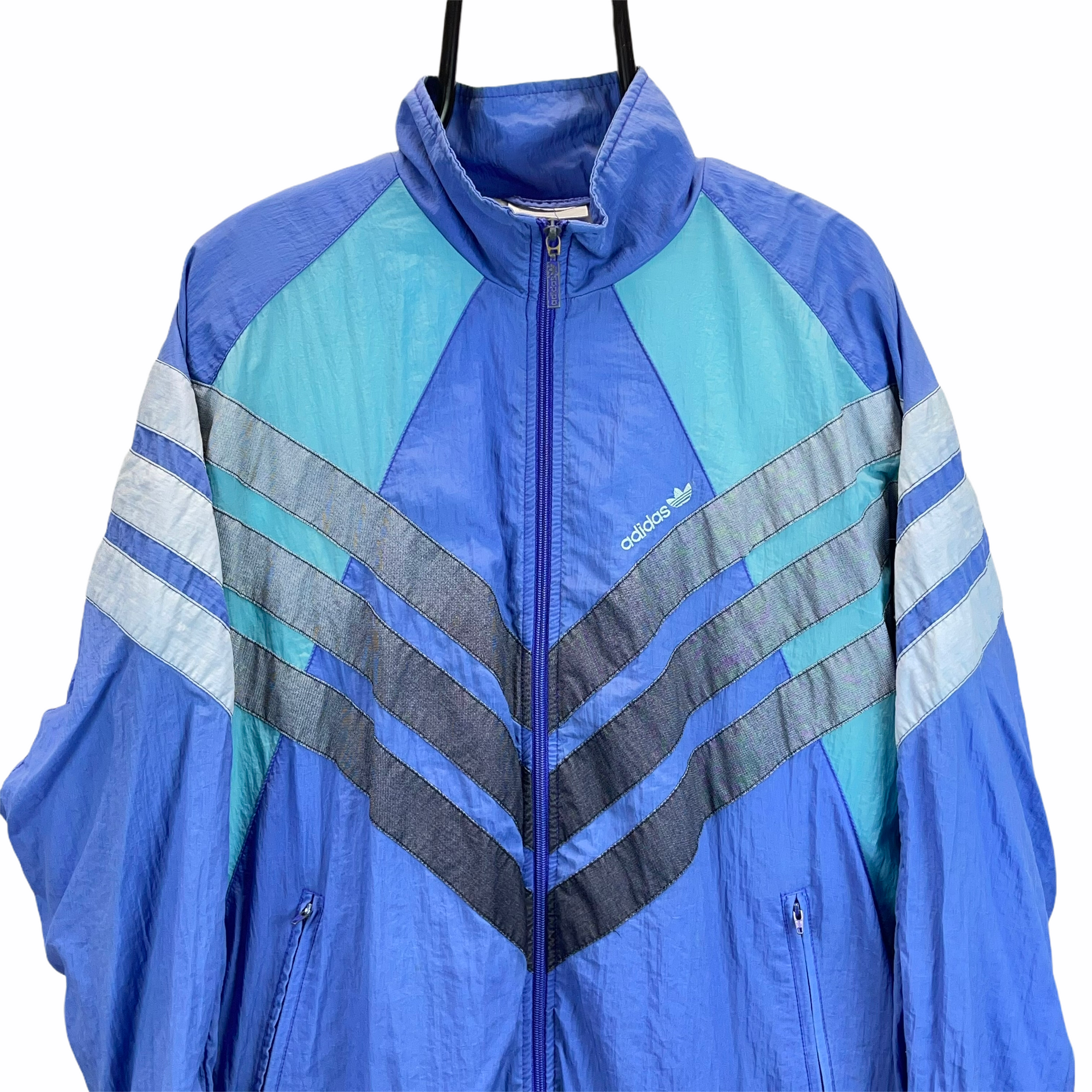 VINTAGE 90S ADIDAS TRACK JACKET IN PURPLE, BLUE & SILVER - MEN'S LARGE/WOMEN'S XL