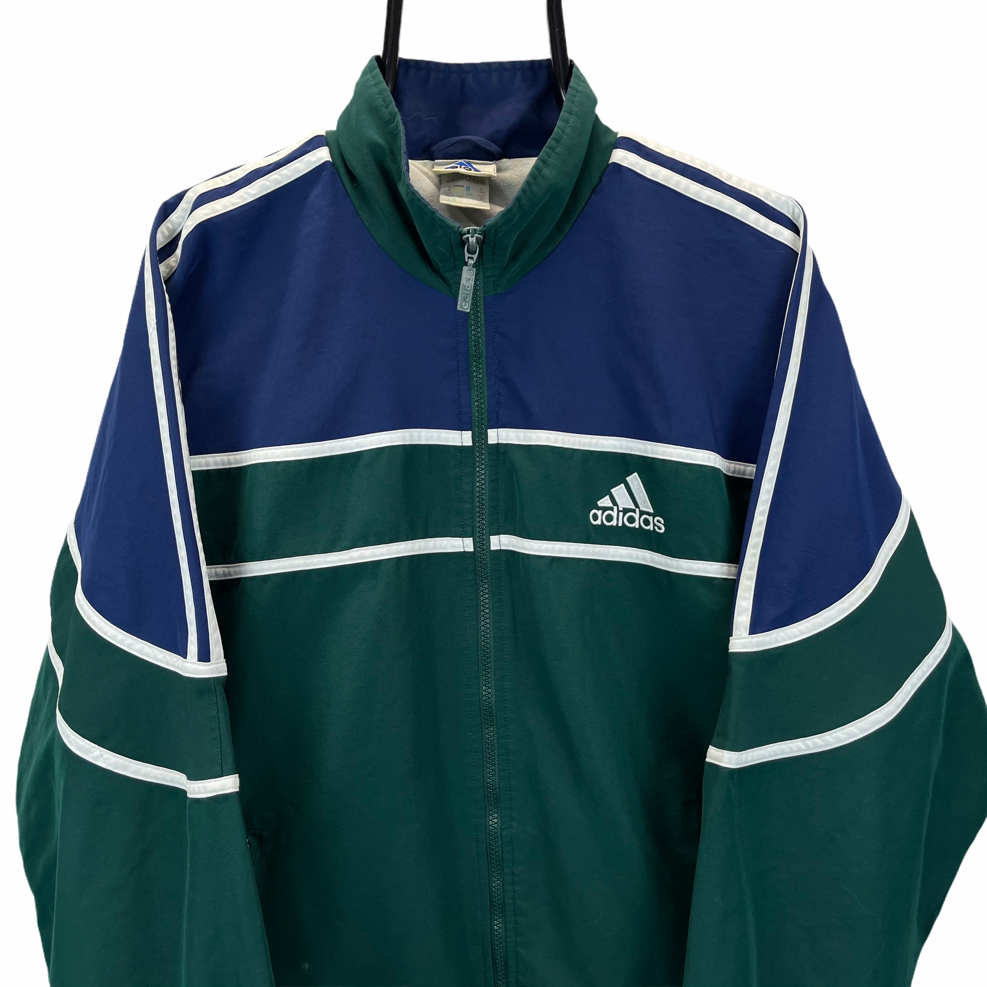 VINTAGE 90S ADIDAS BIG LOGO TRACK JACKET IN FOREST GREEN & NAVY - MEN'S LARGE/WOMEN'S XL
