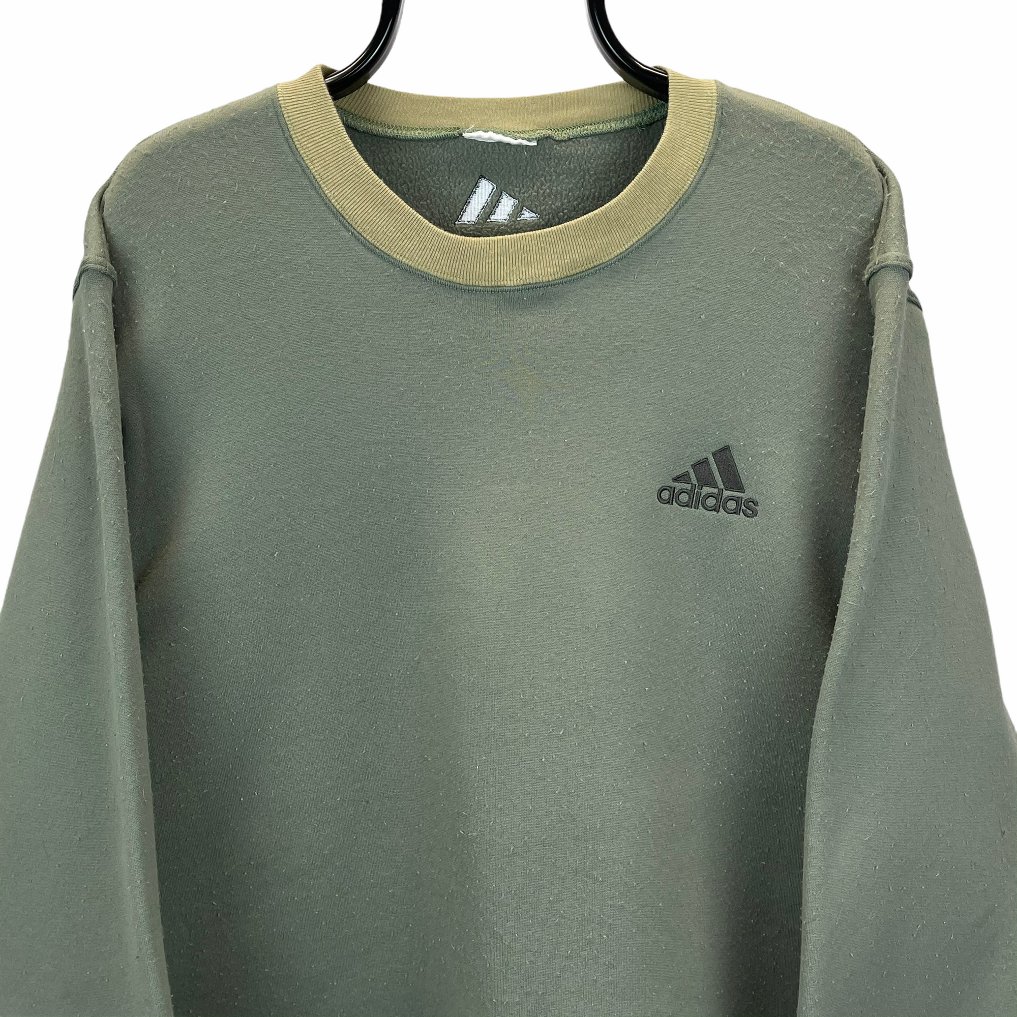 VINTAGE 90S ADIDAS EMBROIDERED SMALL LOGO SWEATSHIRT IN OLIVE & BEIGE - MEN'S LARGE/WOMEN'S XL