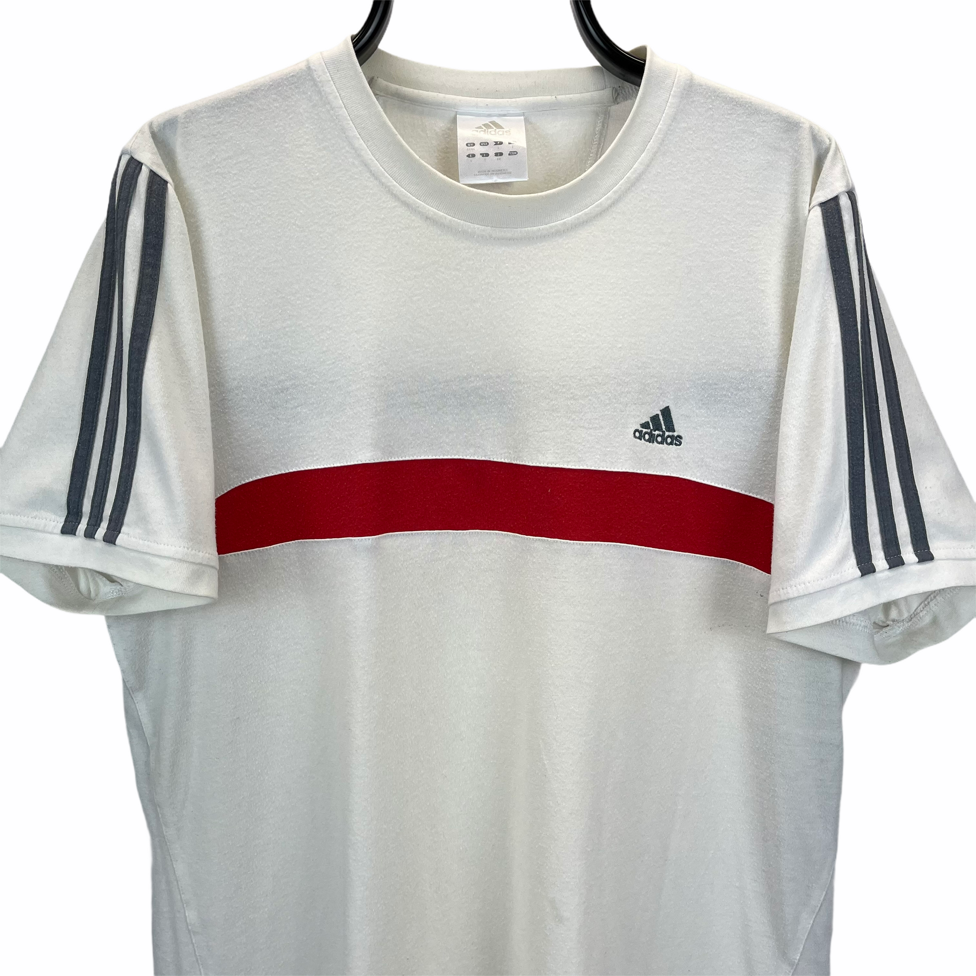 VINTAGE ADIDAS EMBROIDERED SMALL LOGO TEE IN WHITE, RED & GREY - MEN'S LARGE/WOMEN'S XL