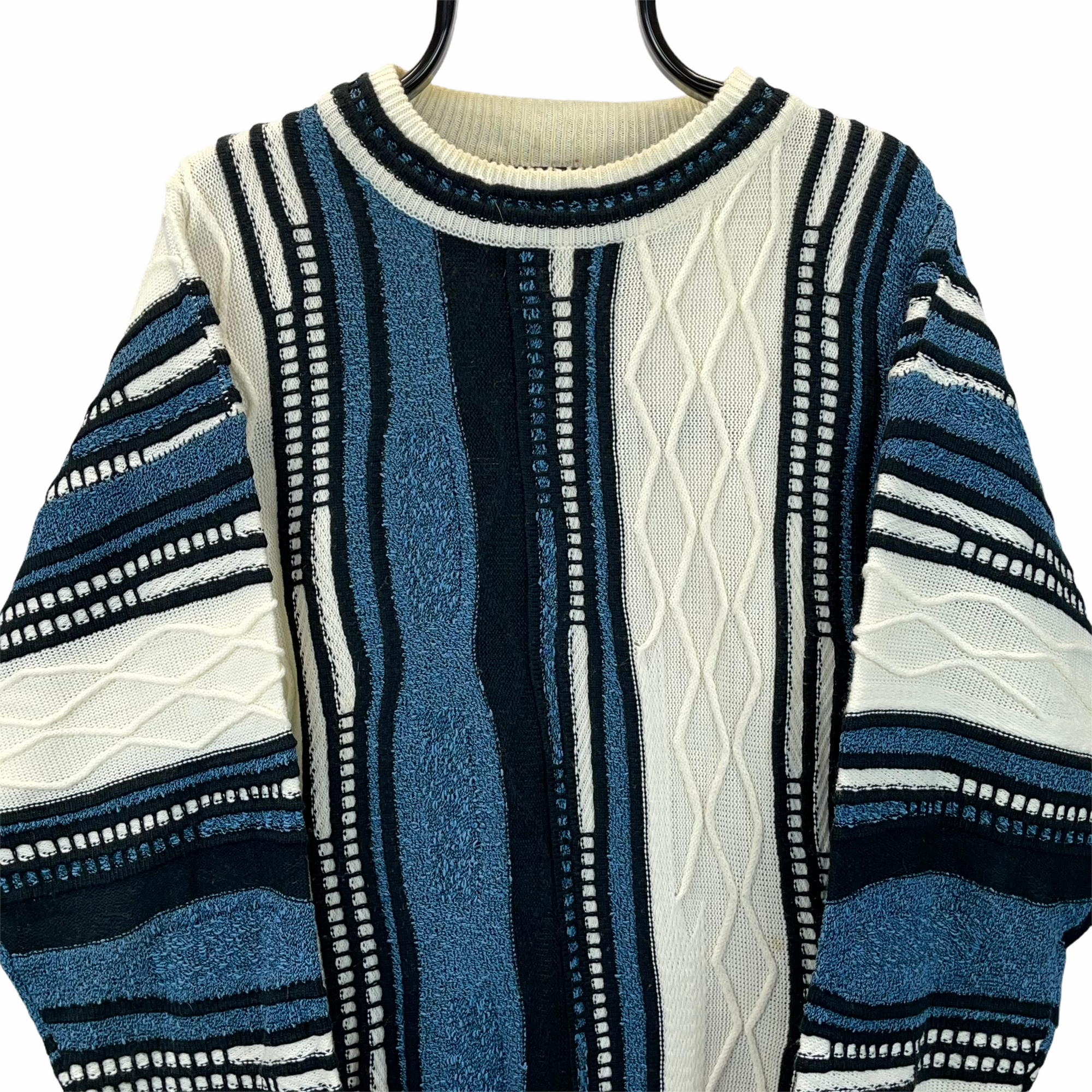 Vintage Coogi-Style Sweater in Blue & Cream - Men's Large/Women's XL