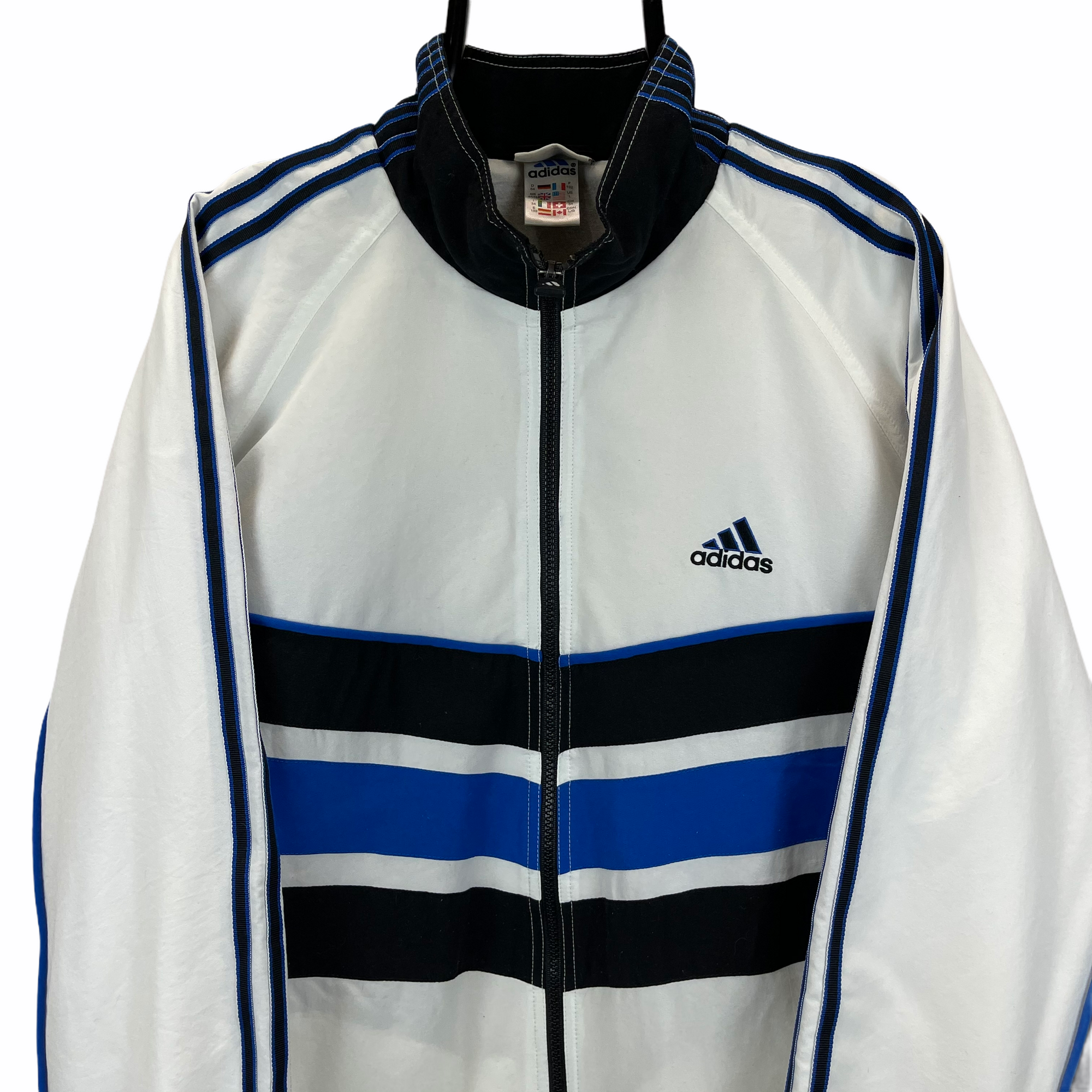 VINTAGE 90S ADIDAS TRACK JACKET IN WHITE, BLUE & BLACK - MEN'S XL/WOMEN'S XXL