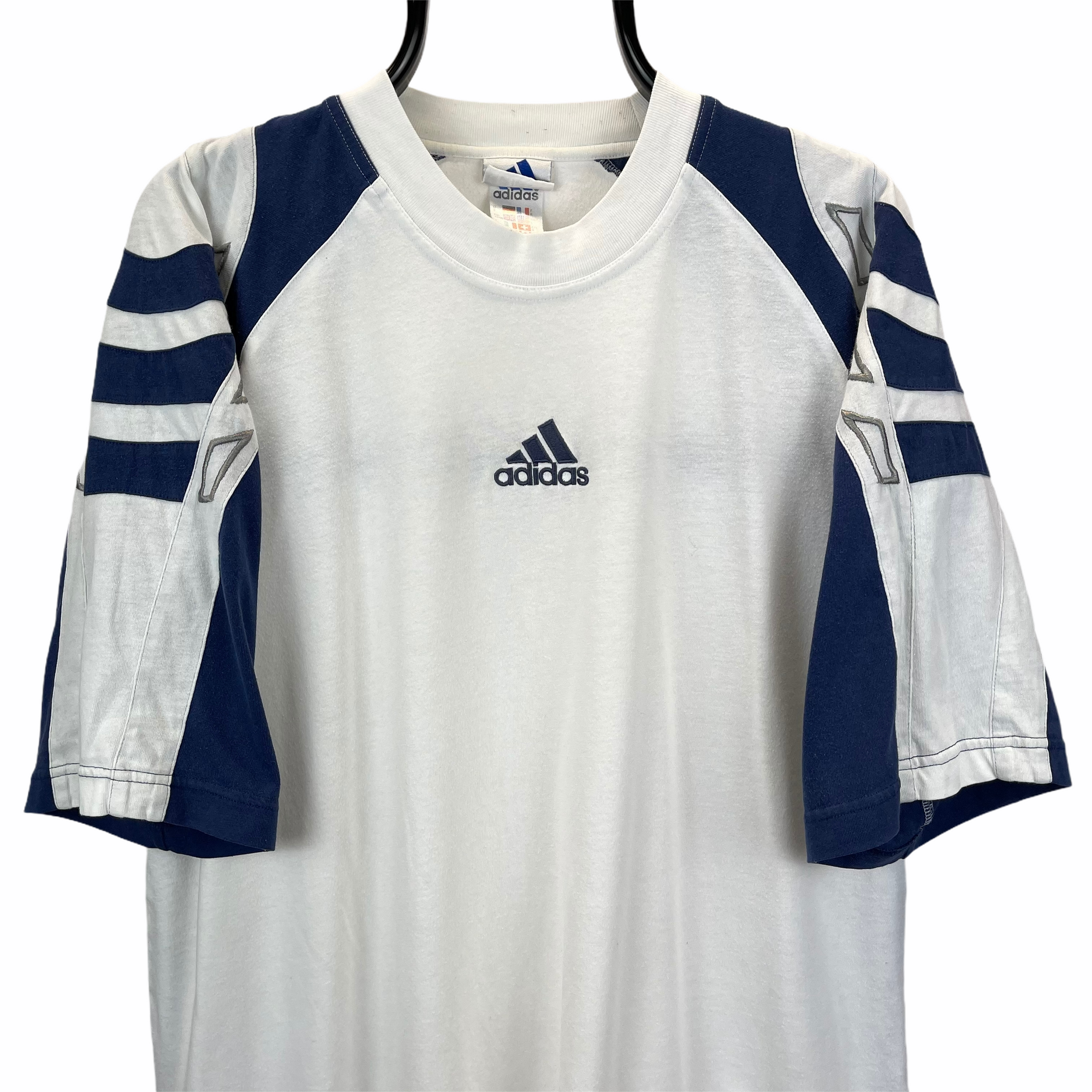 Vintage 90s Adidas Embroidered Centre Logo Tee in White & Navy - Men's Large/Women's XL