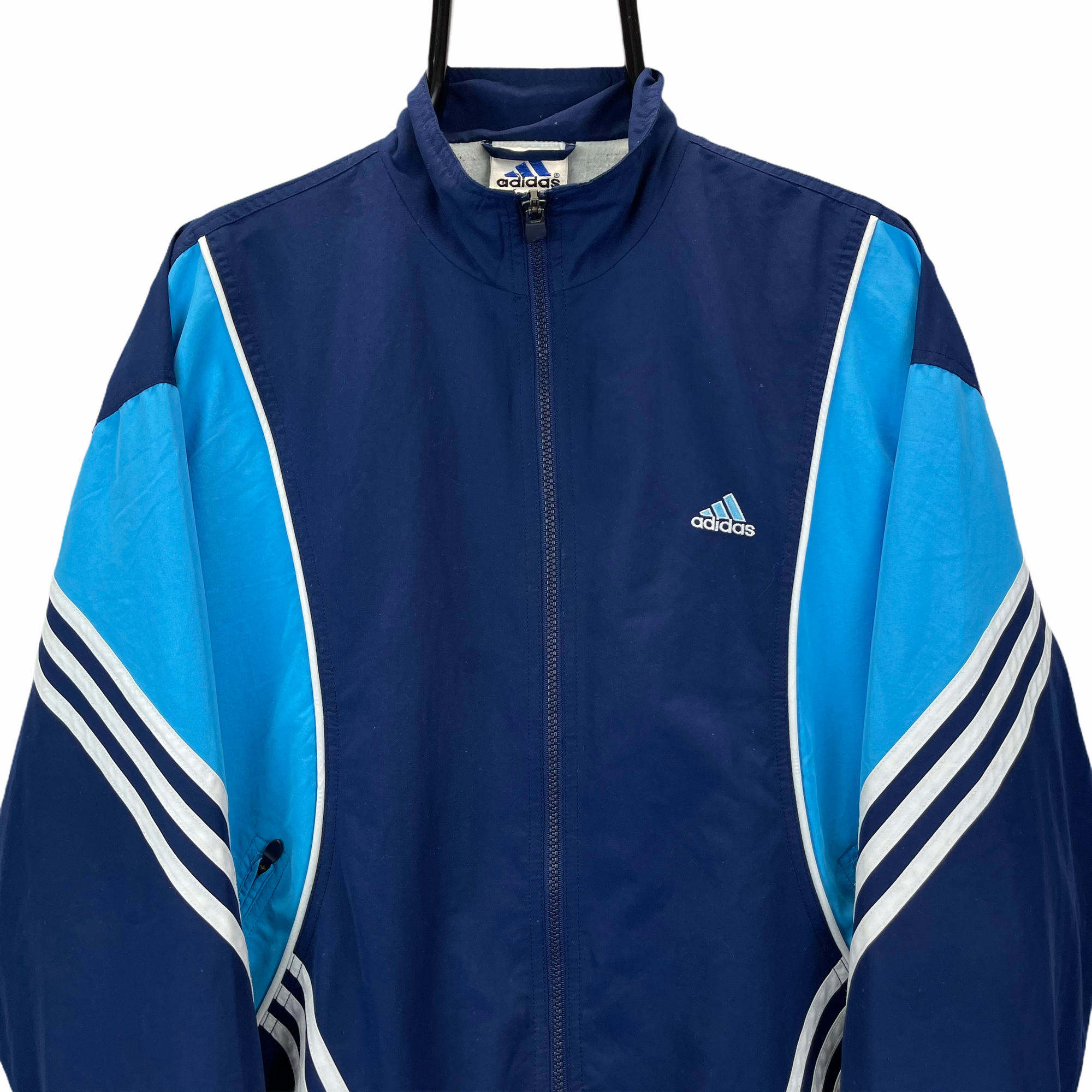 VINTAGE 90S ADIDAS TRACK JACKET IN NAVY, LIGHT BLUE & WHITE - MEN'S MEDIUM/WOMEN'S LARGE