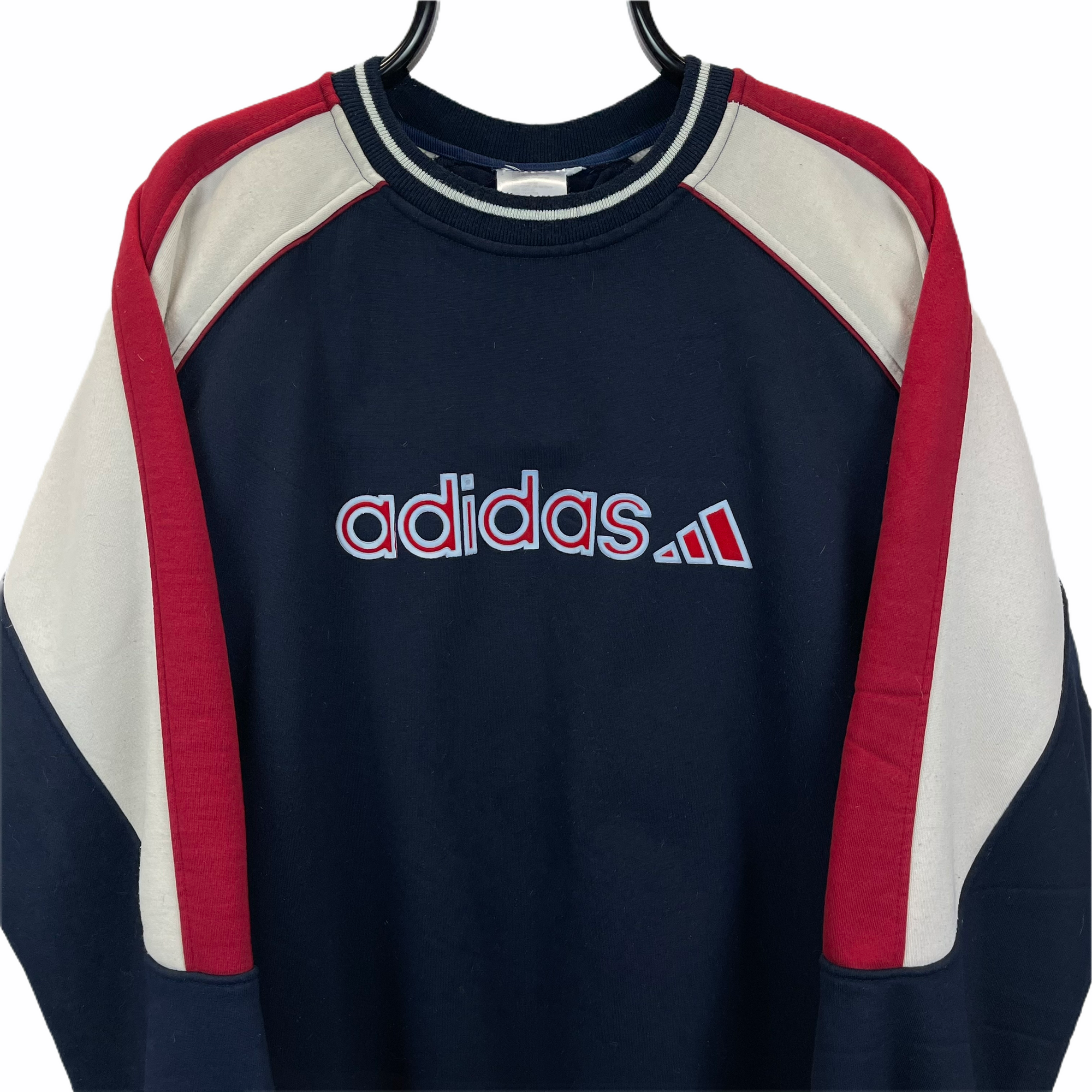 VINTAGE 90S ADIDAS SPELLOUT SWEATSHIRT IN NAVY, RED & STONE - MEN'S LARGE/WOMEN'S XL