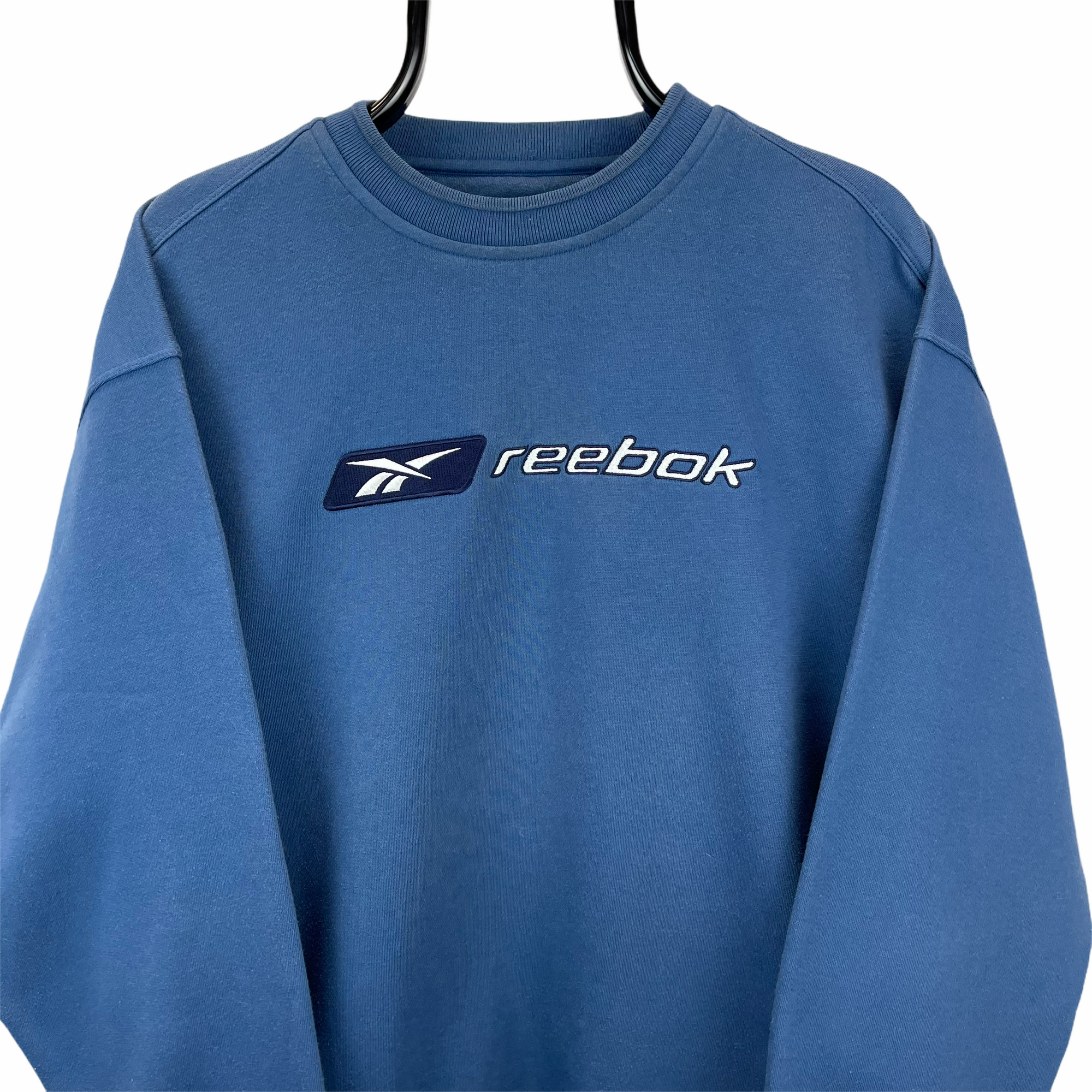 Vintage 90s Reebok Spellout Sweatshirt in Deep Blue - Men's Large/Women's XL