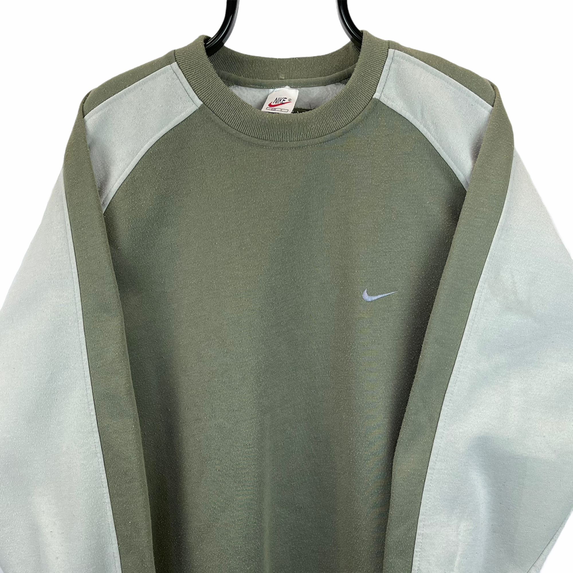 Vintage 90s Nike Embroidered Small Swoosh Sweatshirt in Olive & Beige - Men's Large/Women's XL