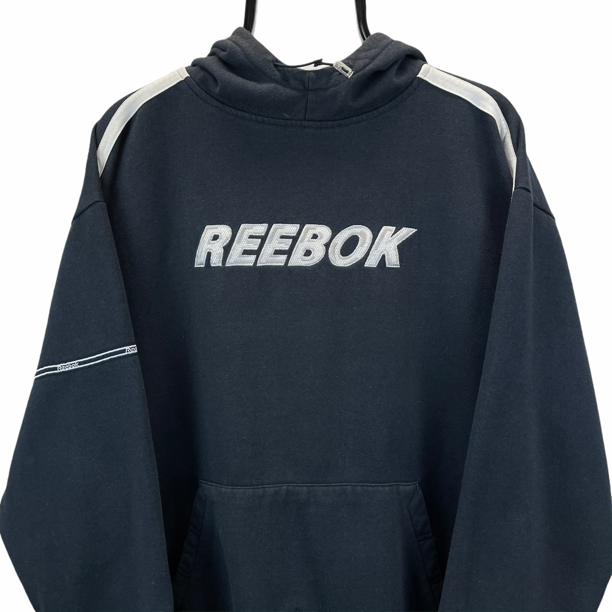 VINTAGE 90S REEBOK SPELLOUT HOODIE IN WASHED BLACK & WHITE - MEN'S LARGE/WOMEN'S XL