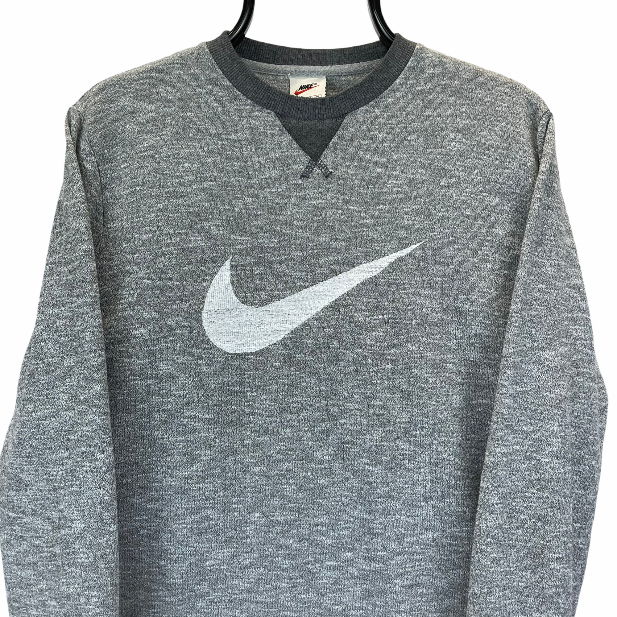 VINTAGE 90S NIKE EMBROIDERED BIG SWOOSH SWEATSHIRT IN GREY - MEN'S SMALL/WOMEN'S MEDIUM