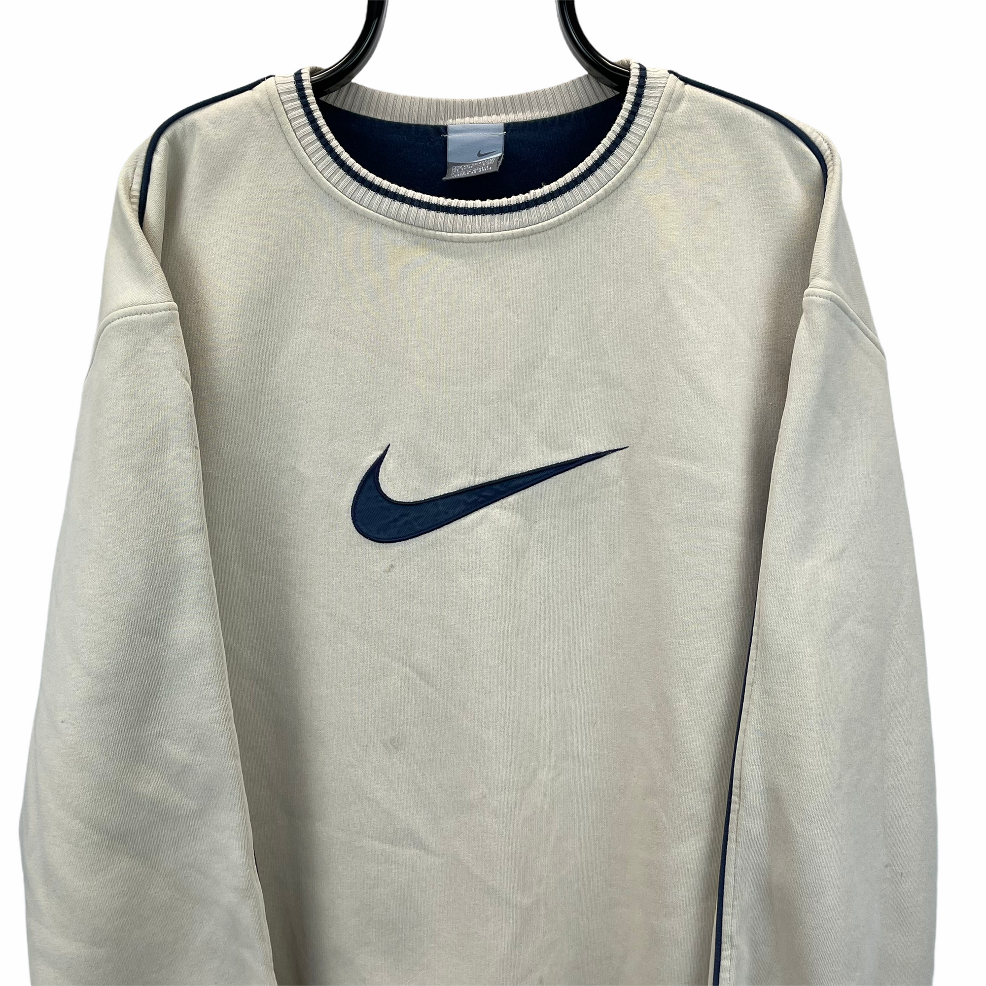 Vintage Nike Big Swoosh Sweatshirt in Beige & Navy - Men's XL/Women's XXL
