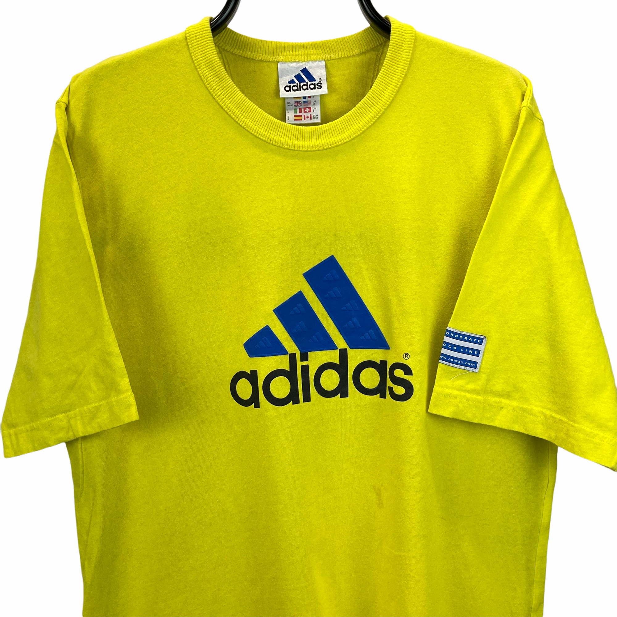 Vintage 90s Adidas Spellout tee in Yellow & Blue - Men's Large/Women's XL