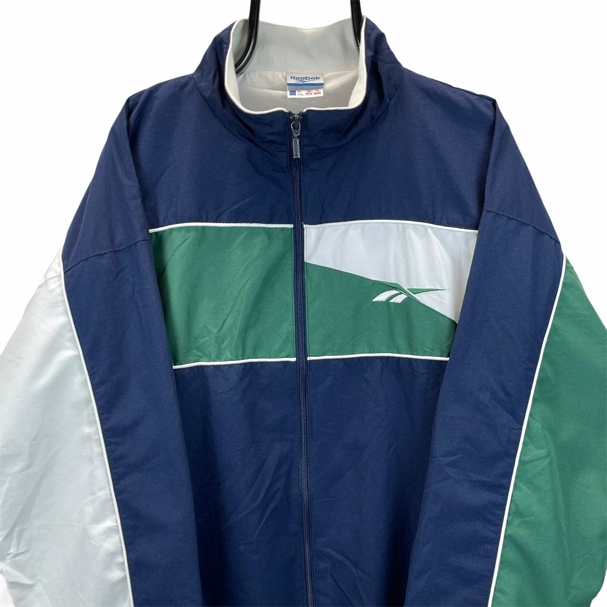Vintage Reebok Big Logo Track Jacket in Navy, Green & White - Men's XXL/Women's XXXL