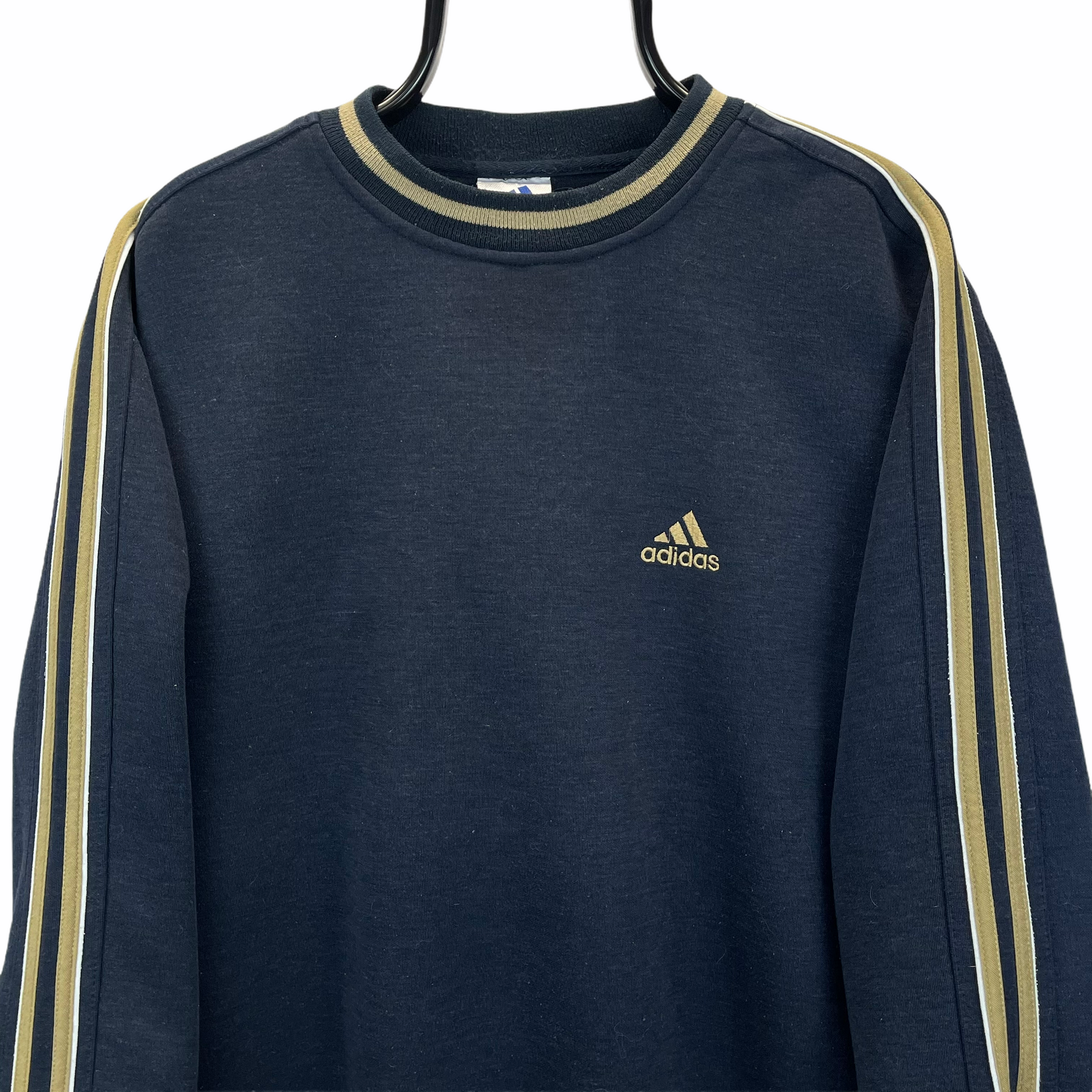 VINTAGE 90S ADIDAS EMBROIDERED SMALL LOGO SWEATSHIRT IN NAVY & GOLD - MEN'S LARGE/WOMEN'S XL