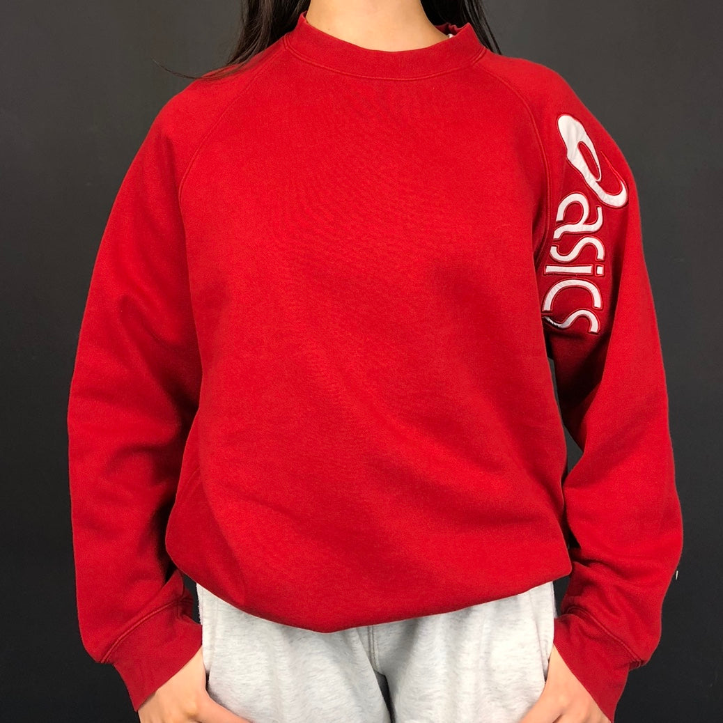 Vintage Asics Spellout Sweatshirt in Red - Women's Large/Men's Medium