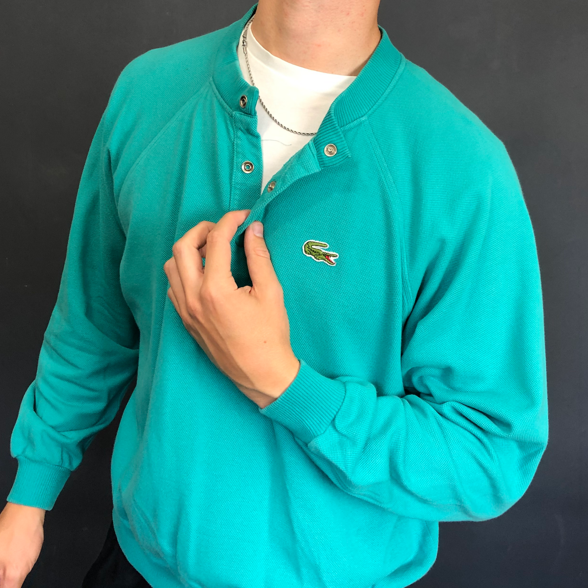 VINTAGE LACOSTE 1/4 Button Up Sweatshirt - Medium - Vintique Clothing