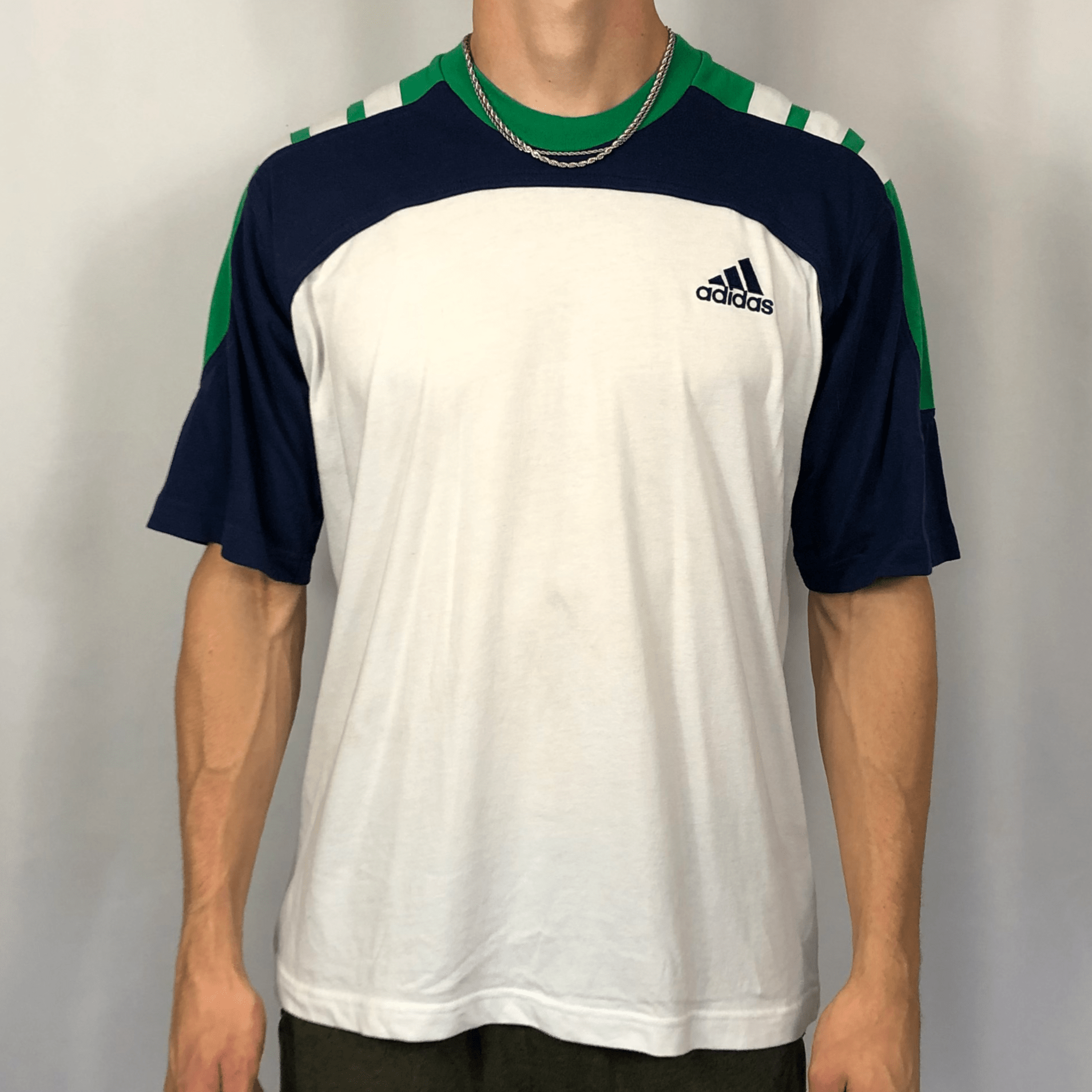 VINTAGE ADIDAS T-SHIRT IN Navy, Green & WHITE - LARGE - Vintique Clothing