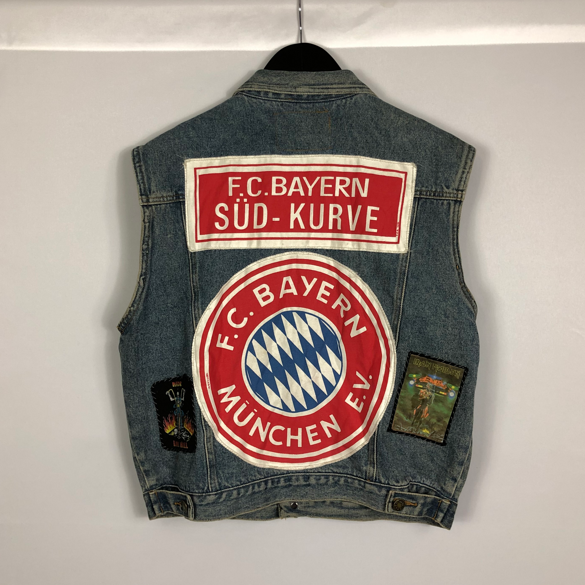 Vintage Denim Vest With Bayern Munich & Rock Band Embroidered Patches - Men's Medium/ Women's Large