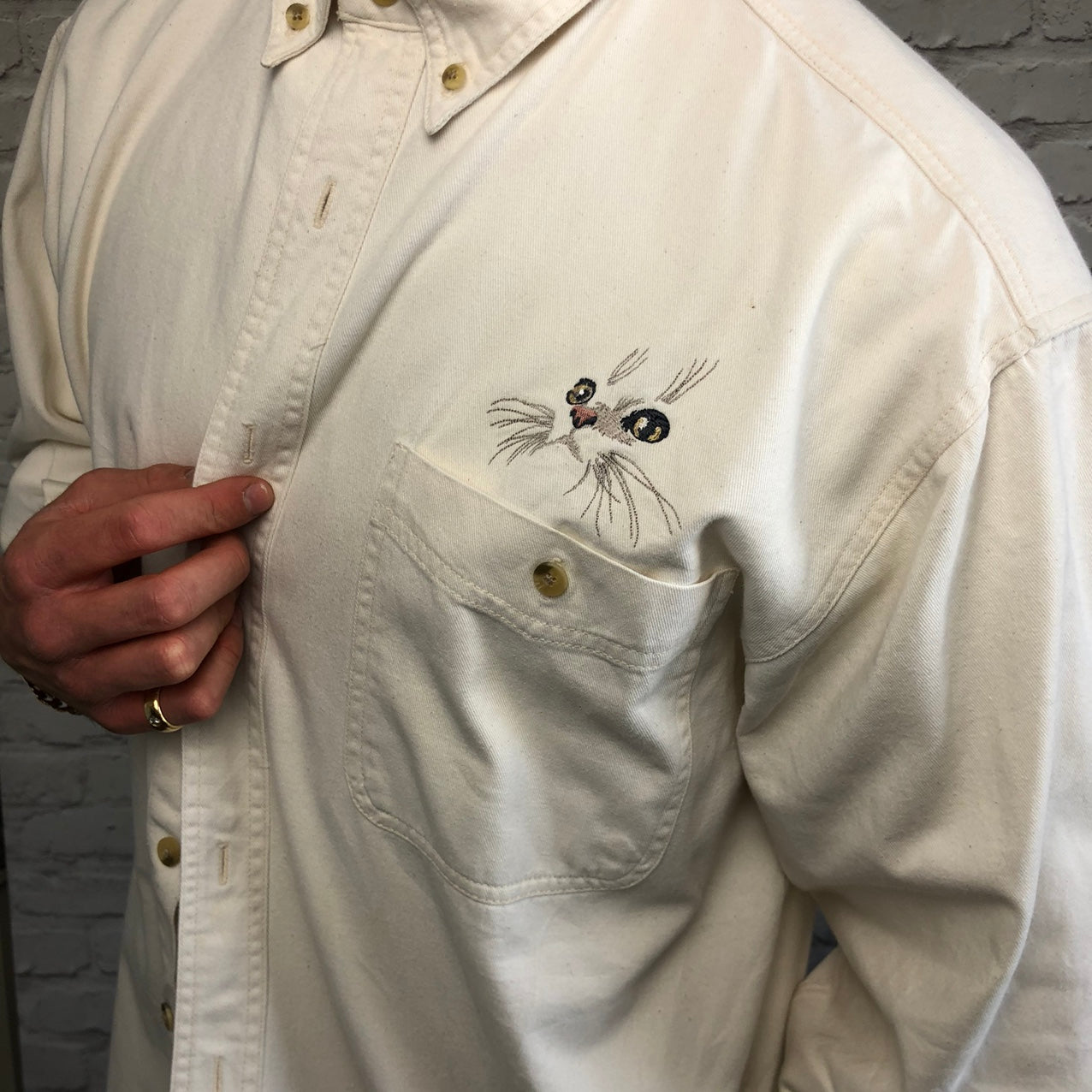 Men’s Vintage Lee Overshirt Casual Shirt with Unique Cat Embroidery - XL/Large