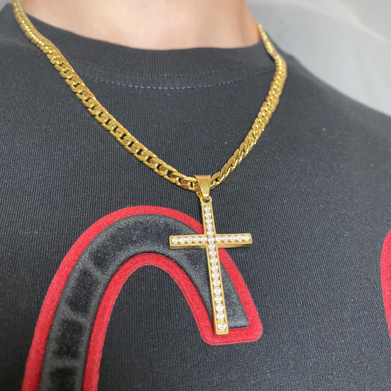 Iced Out Gold Cross Pendant - Cuban Chain - Vintique Clothing