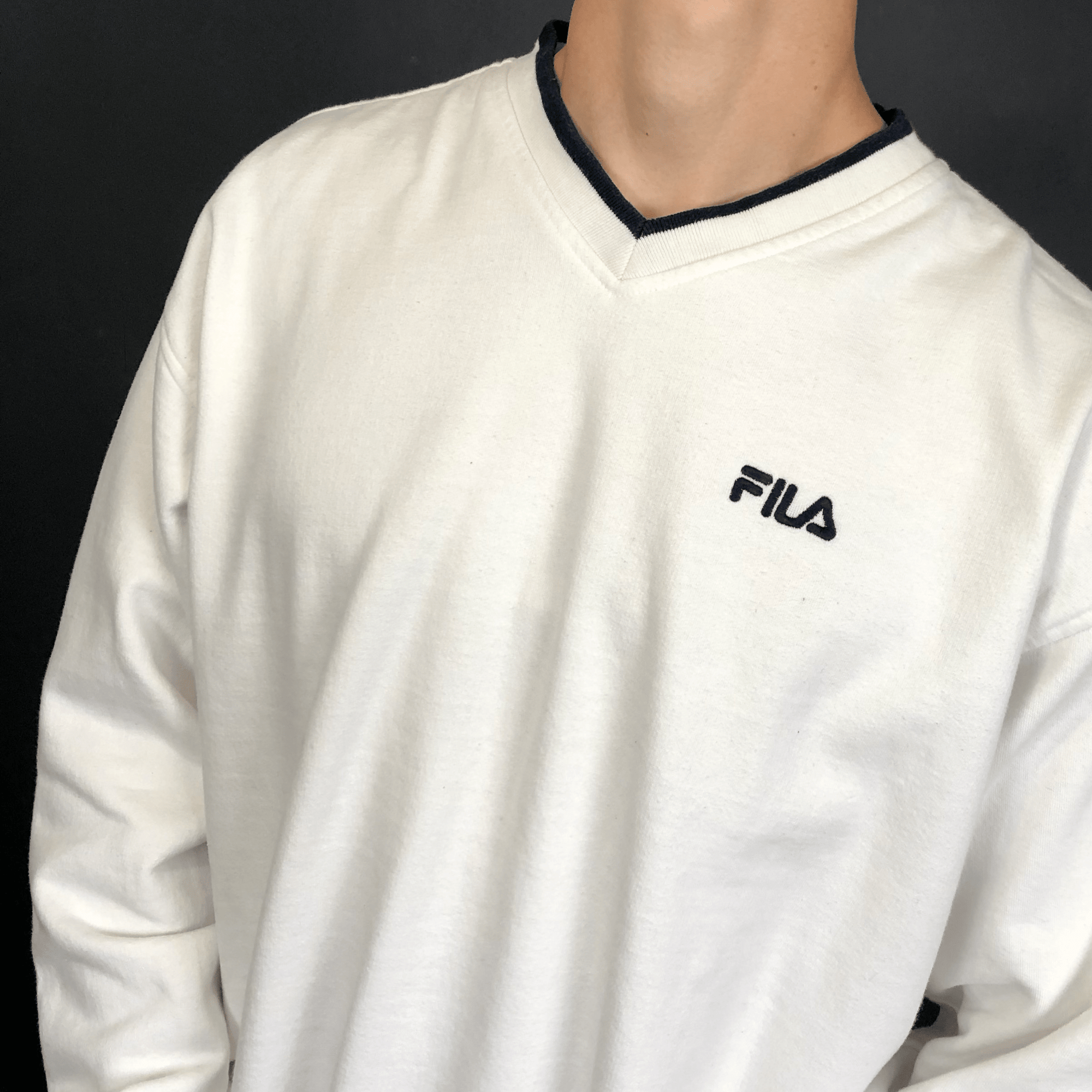 Vintage Fila Spellout Sweatshirt in White - Large - Vintique Clothing