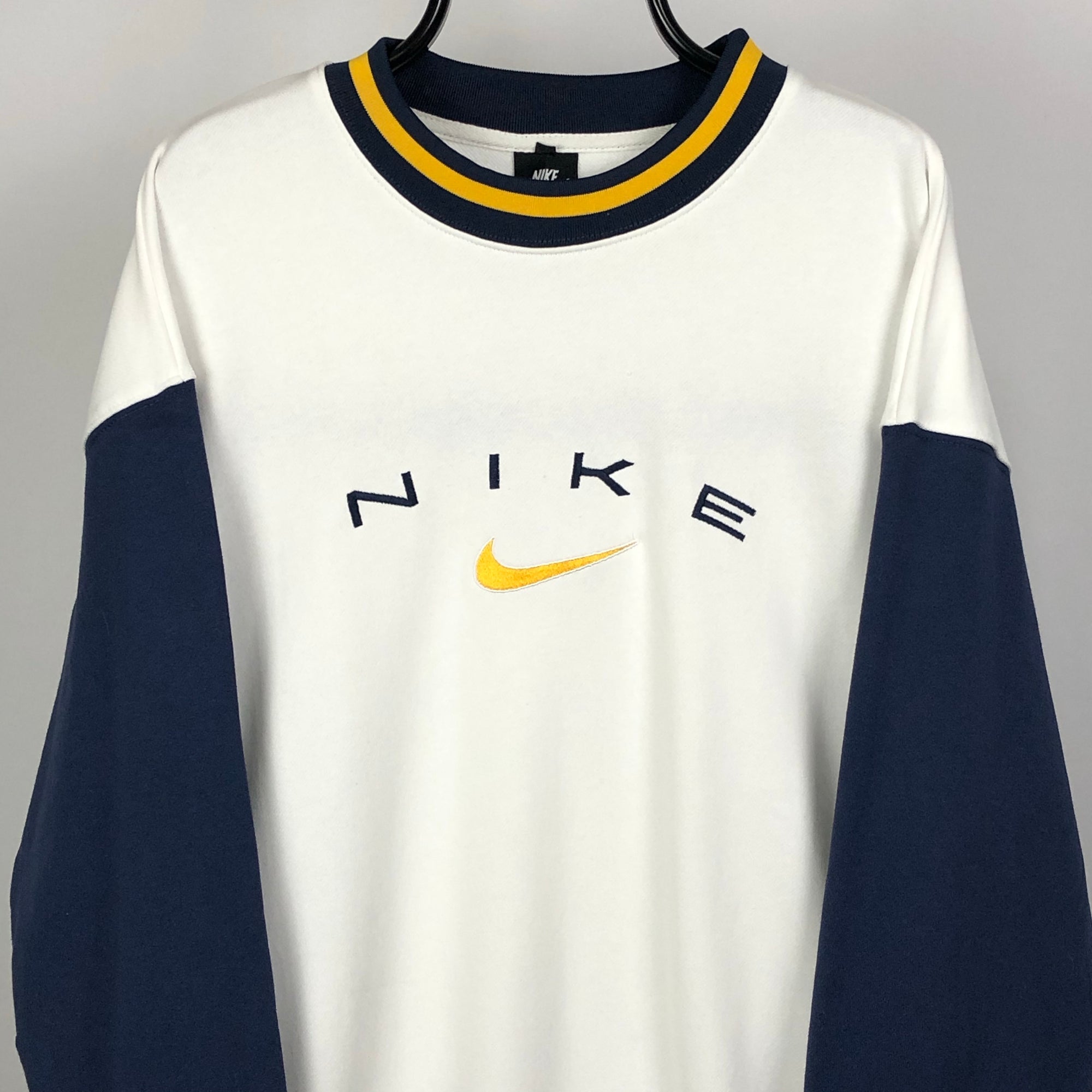 Nike Spellout Sweatshirt in White, Navy & Yellow - Men’s Large/Women’s XL