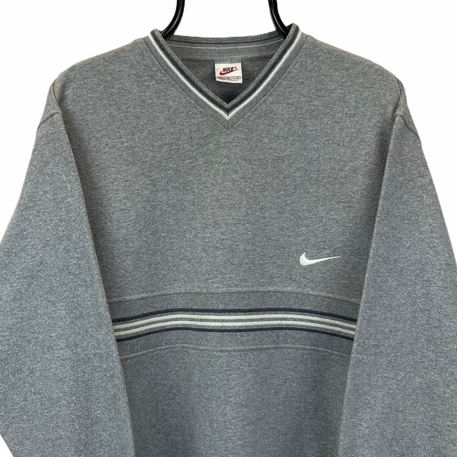 VINTAGE 90S NIKE EMBROIDERED SMALL SWOOSH SWEATSHIRT IN GREY - MEN'S LARGE/WOMEN'S XL