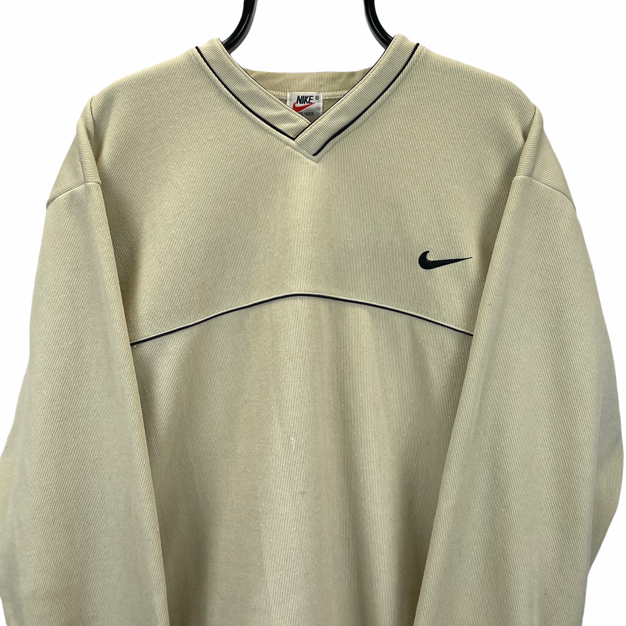 VINTAGE NIKE EMBROIDERED SMALL LOGO SWEATSHIRT IN BEIGE - MEN'S LARGE/WOMEN'S XL