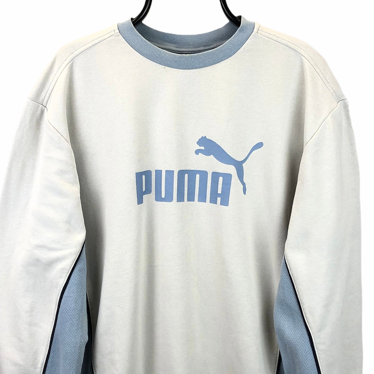 Vintage 90s Puma Spellout Sweatshirt in Cream/Baby Blue - Men's Large/Women's XL