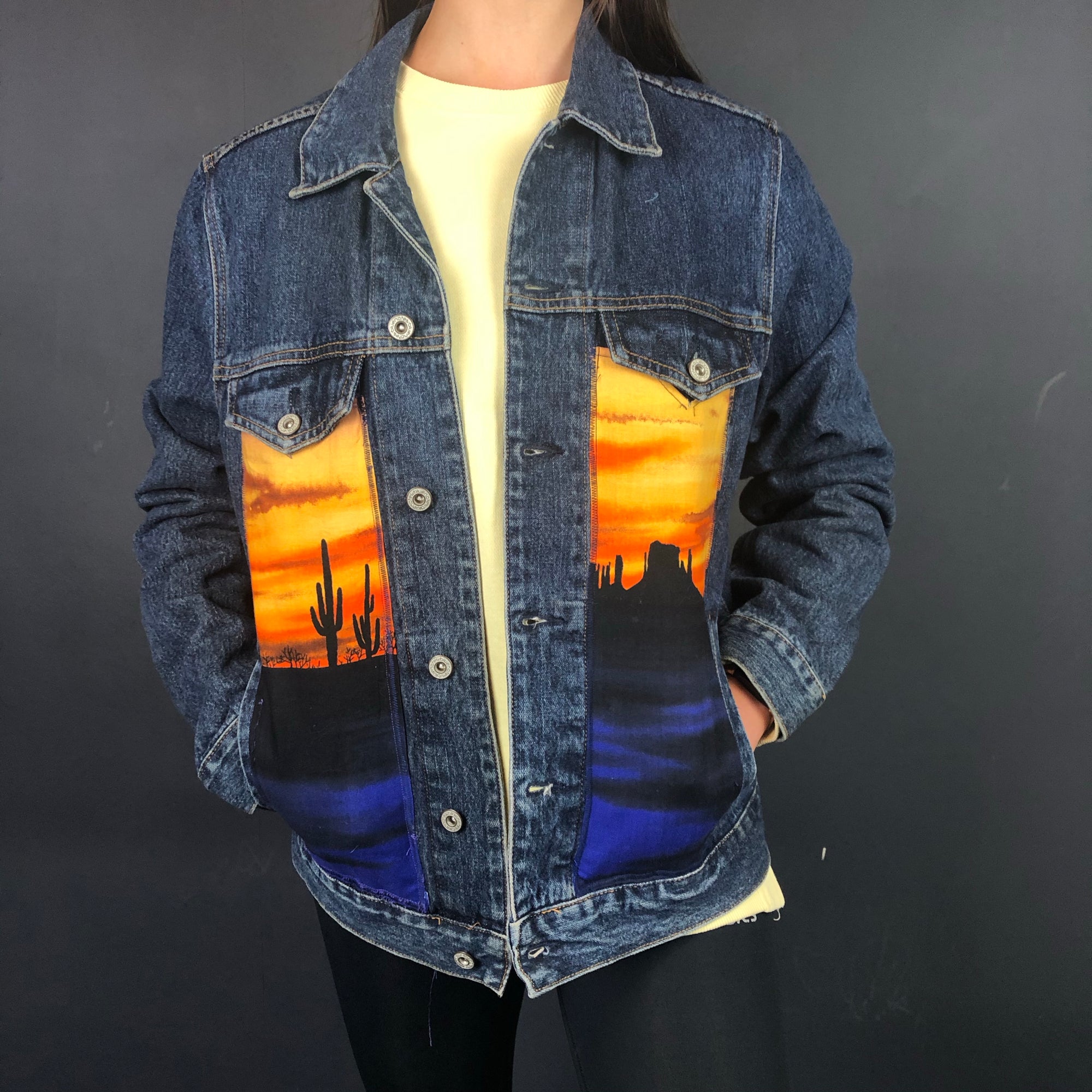 Vintage Denim Jacket with Unique Desert Design - Medium