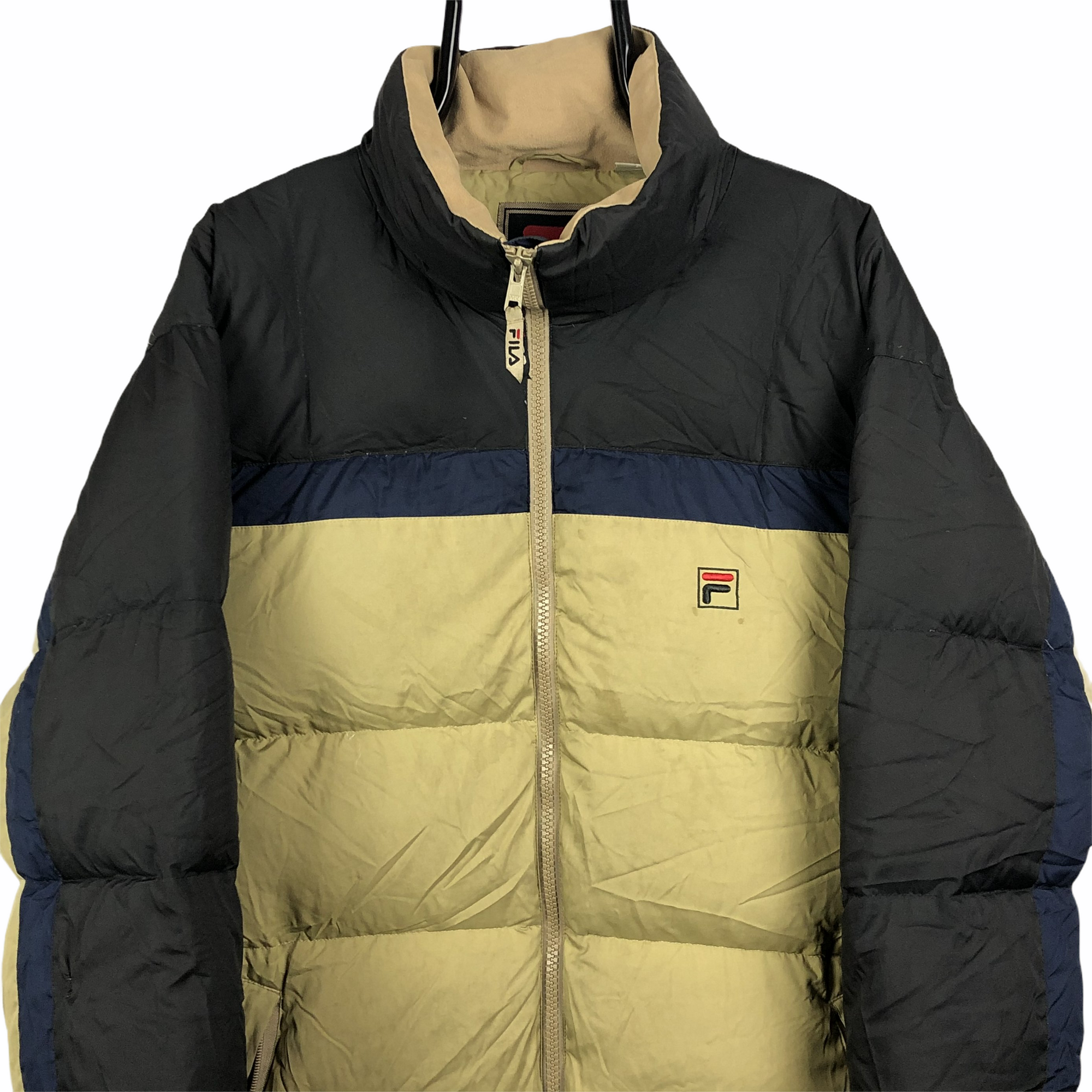 Vintage Fila Puffer Jacket in Beige/Navy/Black - Men's XL/Women's XXL