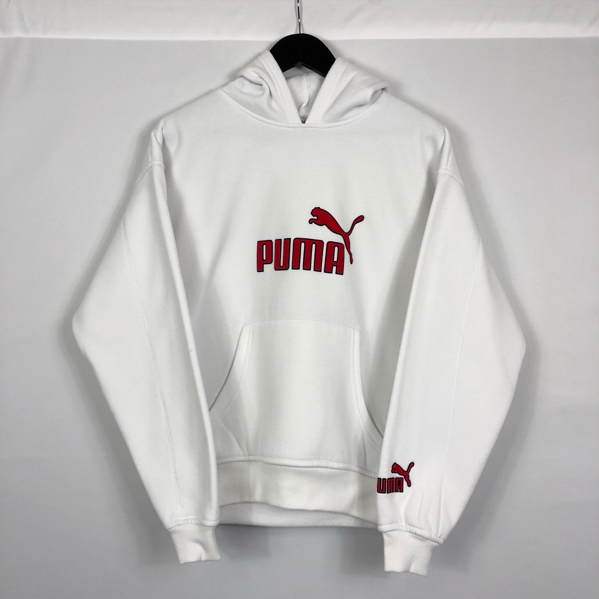 Vintage Puma Spellout Hoodie in White - Small