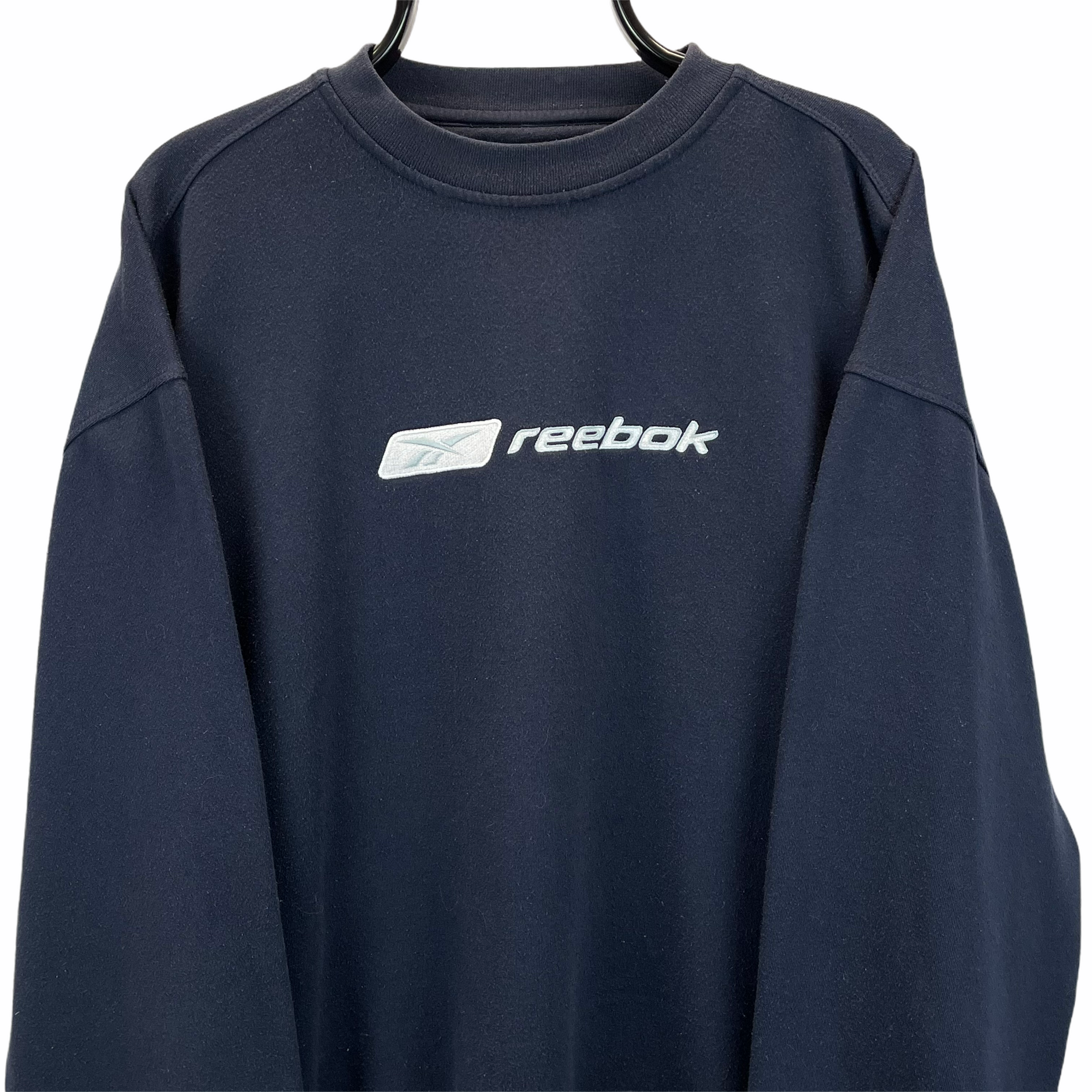 Vintage 90s Reebok Spellout Sweatshirt in Navy - Men's XL/Women's XXL