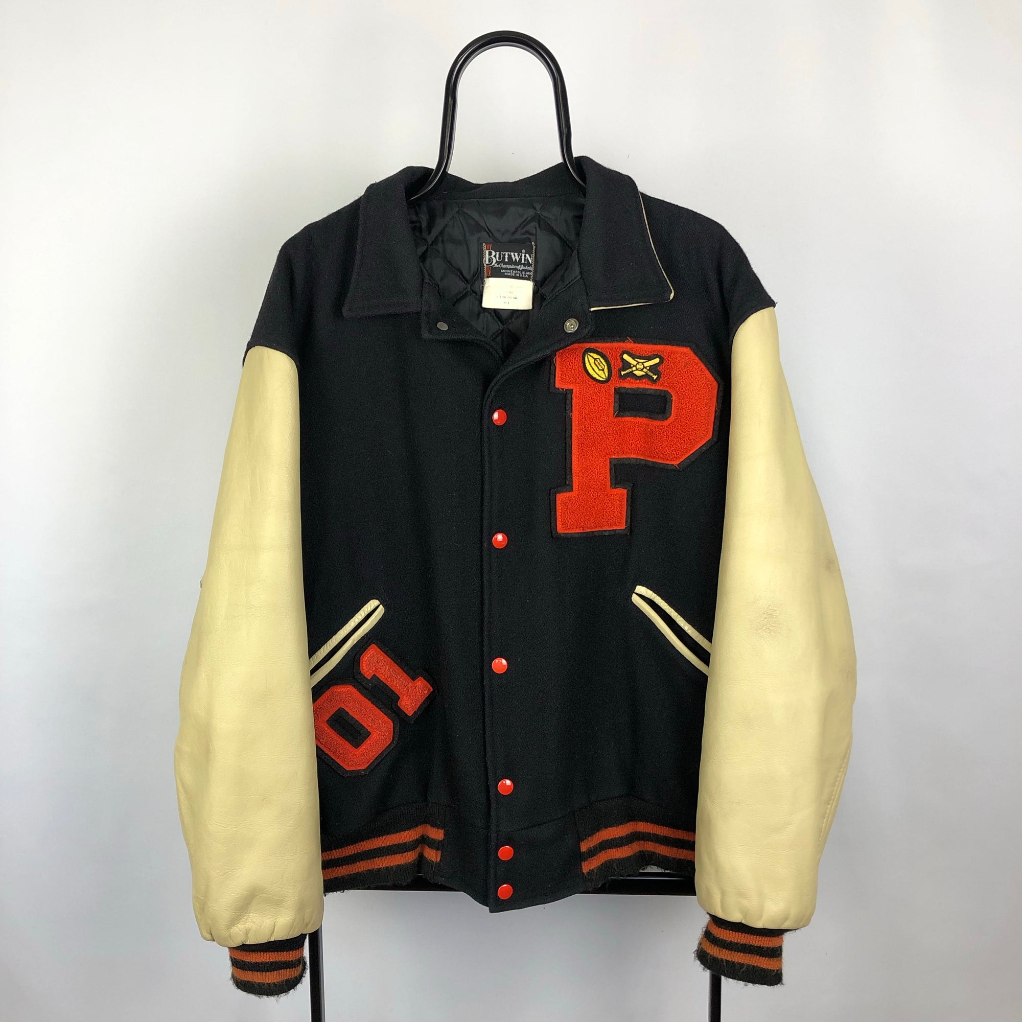 Vintage Varsity Jacket in Black & Orange - Men’s XL/Women’s XXL