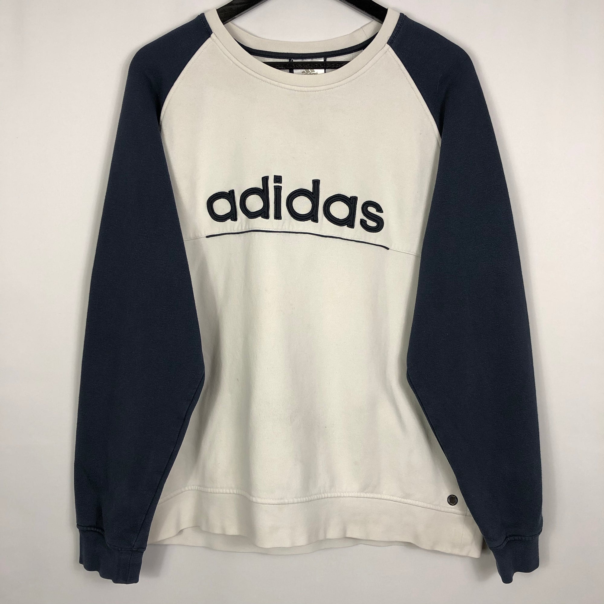 Vintage Adidas Spellout Sweatshirt in White & Navy - Men’s Large/Women’s XL