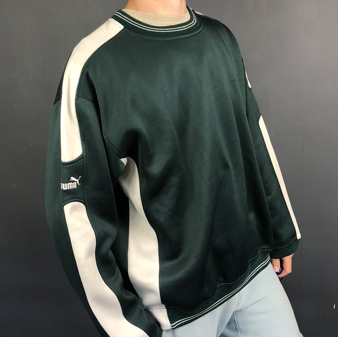 Vintage Puma Sweatshirt in Green & Cream - Vintique Clothing