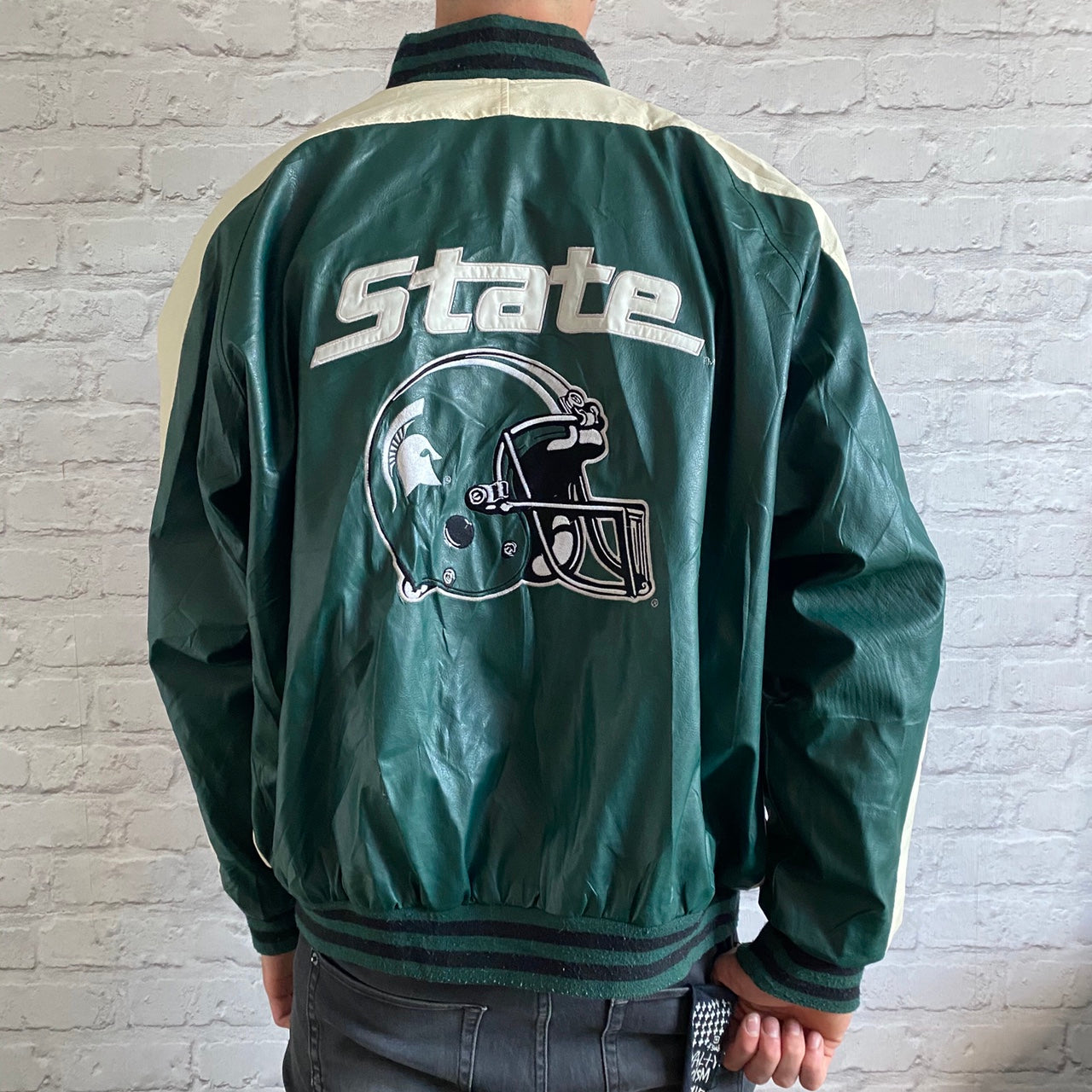 ‘State Spartans’ Leather Vintage Varsity Jacket - Large