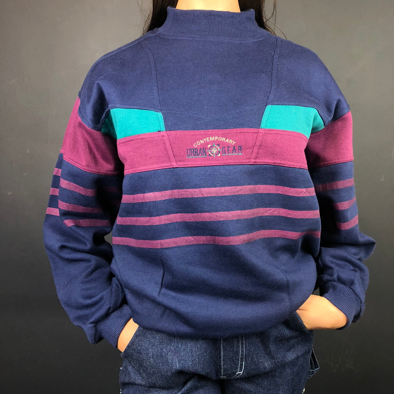 Vintage Sweatshirt with Embroidered ‘Contemporary Urban Gear’ Spellout & Mock Turtleneck